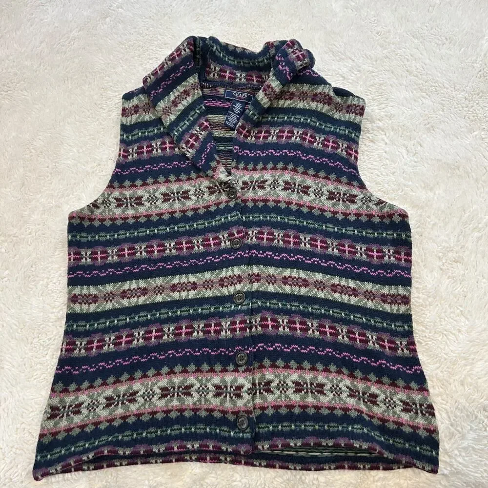 Chaps Womens Knit Sweater Vest Multicolor Sz L Cotton Boho Indie Grunge Core Fun